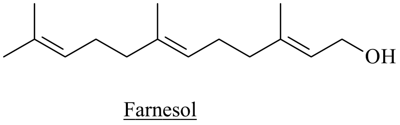 F1 Fórmula estrutural plana do farnesol, com três ligações duplas, três ramificações metil e um grupo hidroxila terminal (-OH), acompanhada da legenda sublinhada "Farnesol".