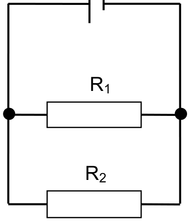 Circuito elétrico contendo uma fonte conectada em paralelo a dois resistores identificados como R₁ e R₂.