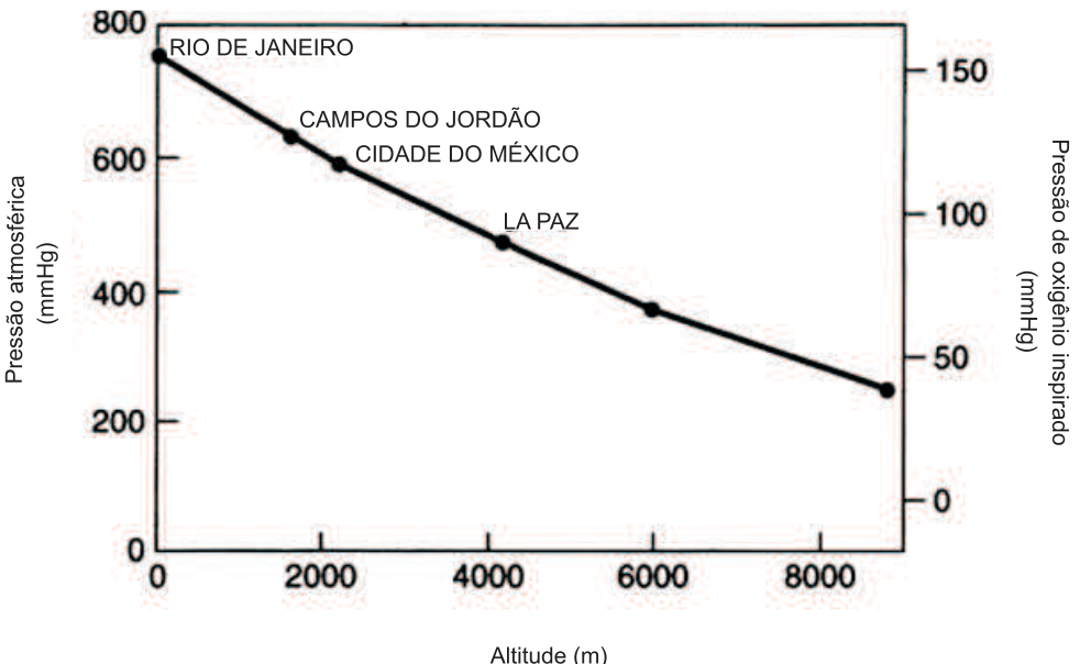 Gráfico de linha relacionando altitude (m) no eixo horizontal à pressão atmosférica (mmHg) no eixo vertical esquerdo e pressão de oxigênio inspirado (mmHg) no eixo vertical direito, decrescendo com a altitude e destacando as cidades Rio de Janeiro, Campos do Jordão, Cidade do México e La Paz.