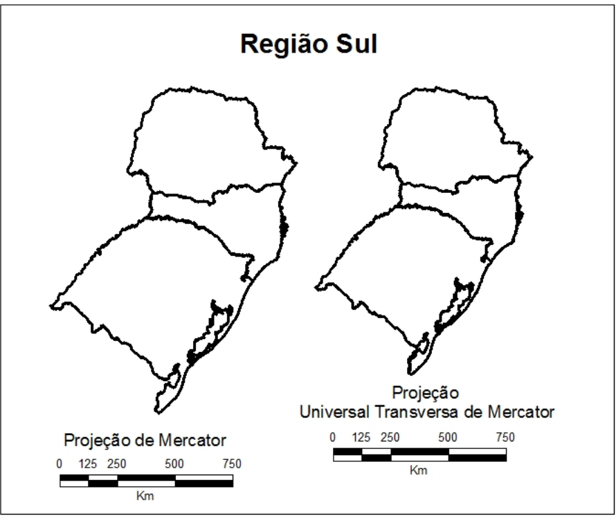 F1 Duas representações cartográficas da Região Sul do Brasil, com os limites entre seus três estados. À esquerda, o mapa identificado como “Projeção de Mercator” apresenta maior tamanho e alongamento vertical que o mapa à direita, identificado como “Projeção Universal Transversa de Mercator”. Acima dos mapas está o título “Região Sul”. Abaixo de cada mapa há uma escala gráfica com as marcações 0, 125, 250, 500 e 750, e a unidade “Km”.