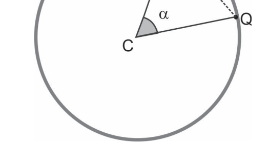 F1 Circunferência de centro C com setor circular e ângulo central alfa delimitado por raios até os pontos P e Q, e um segmento tracejado ligando P e Q.