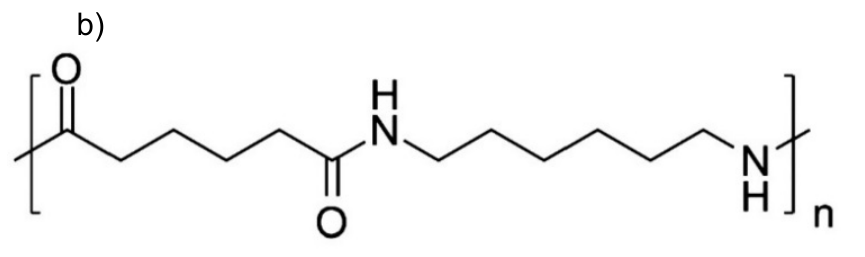 Fórmula estrutural de uma cadeia polimérica entre colchetes, com índice n, apresentando o segmento –C(=O)–(CH₂)₄–C(=O)–NH–(CH₂)₆–NH–. As cadeias de carbonos são representadas por linhas em zigue-zague.