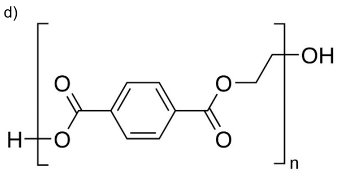 Fórmula estrutural entre colchetes, com índice n, contendo um anel benzênico com dois grupos carbonila em posições opostas. À esquerda aparece H–O–C(=O)–; à direita, –C(=O)–O–CH₂–CH₂–OH. Os grupos H e OH aparecem além dos colchetes.