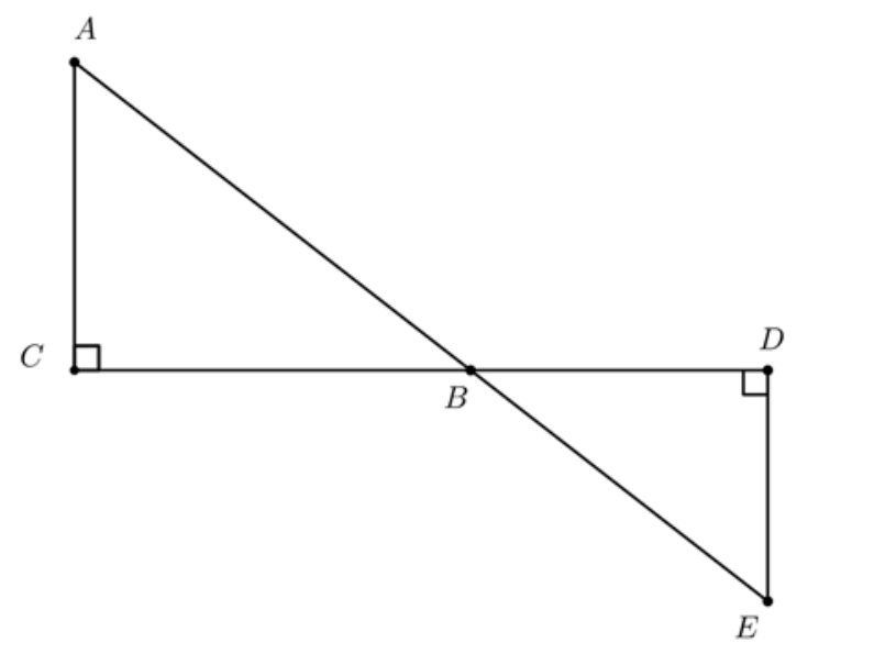 Segmentos de reta AE e CD se cruzando no ponto B, formando os triângulos retângulos ABC, com ângulo reto em C, e BDE, com ângulo reto em D.