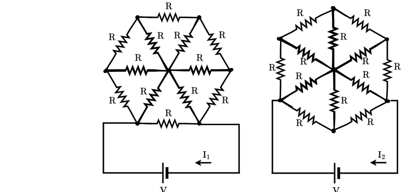 Duas malhas resistivas, cada uma formada por um hexágono com um resistor R em cada um dos seis lados e um resistor R ligando cada vértice ao nó central. Na malha da esquerda, o hexágono tem lados superior e inferior horizontais, e uma fonte de tensão V está ligada entre os vértices inferior esquerdo e inferior direito. Na malha da direita, o hexágono tem vértices superior e inferior sobre um eixo vertical, e uma fonte de tensão V está ligada entre os vértices inferior esquerdo e inferior direito. As correntes I₁ e I₂ estão indicadas, respectivamente, nos fios inferiores das malhas esquerda e direita, com setas apontando para a esquerda.