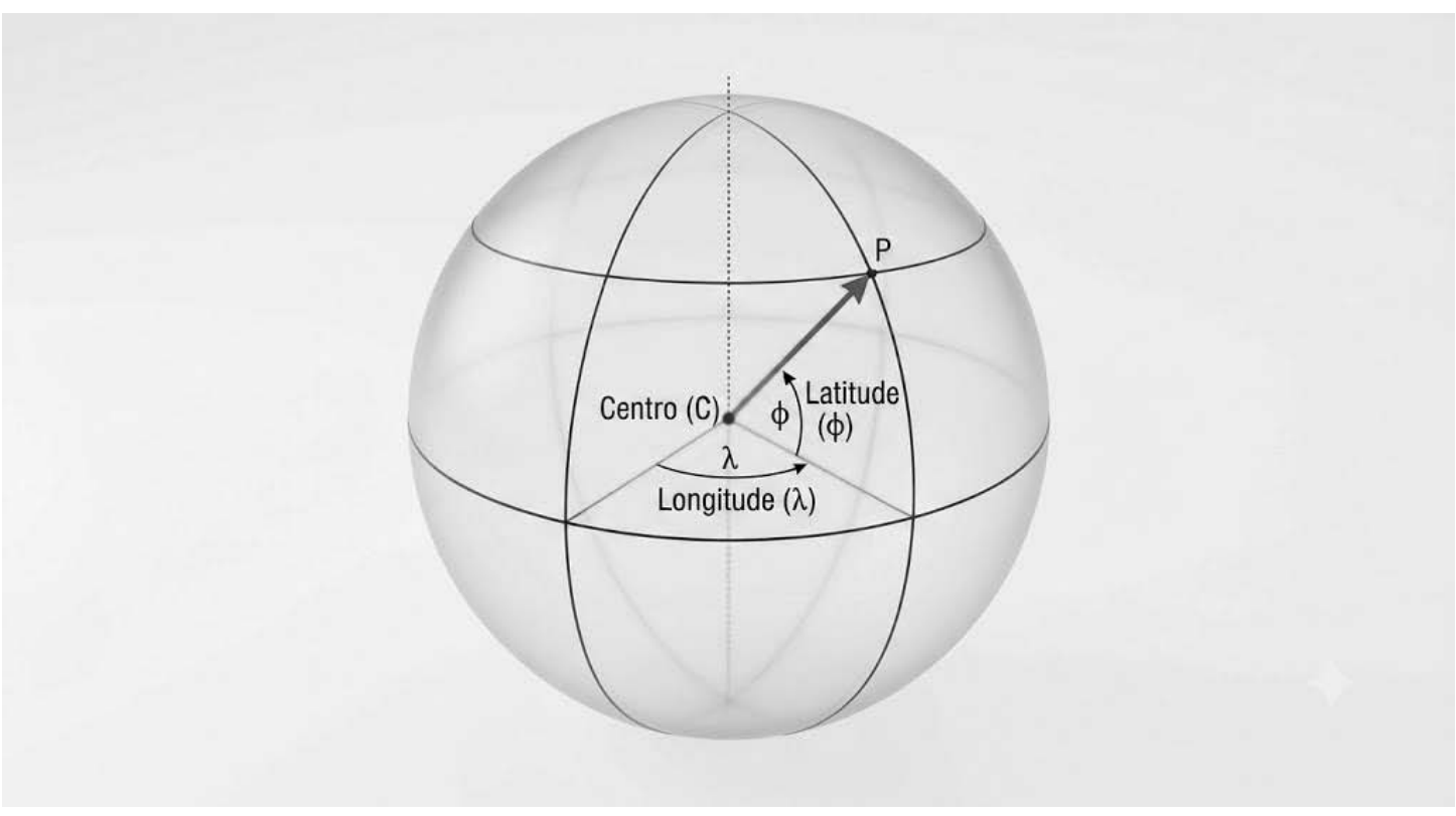 Representação esquemática de uma esfera indicando o Centro (C), um ponto P na superfície, a latitude (hi) e a longitude (ambda)