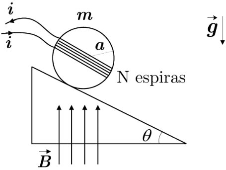 F1 Diagrama de um cilindro de massa m e raio a apoiado sobre um plano inclinado que desce para a direita, formando um ângulo θ com a horizontal. N espiras são representadas por linhas paralelas que atravessam diagonalmente o cilindro, paralelas ao plano. Dois fios à esquerda indicam a corrente i, com a seta do fio superior voltada para a esquerda e a do inferior para a direita. O campo magnético vetorial B é indicado por quatro setas verticais para cima sob o plano, e a aceleração vetorial g por uma seta vertical para baixo à direita.