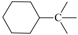 Fórmula estrutural de um anel cicloexano ligado a um carbono identificado por C, ligado também a três grupos metila.