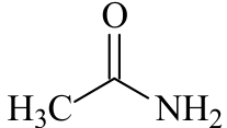 Fórmula estrutural da acetamida: H₃C ligado a um carbono com ligação dupla a O e ligação simples a NH₂.