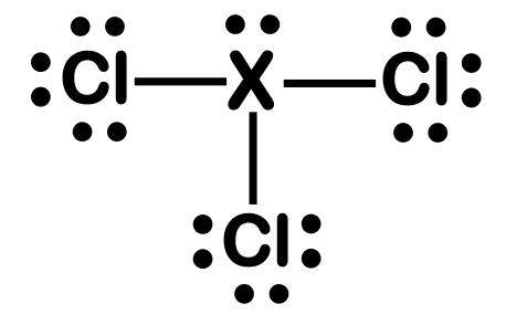 Estrutura de Lewis mostrando um átomo central X com um par de elétrons não ligantes no topo, ligado por ligações simples a três átomos de cloro (à esquerda, à direita e abaixo), cada qual com três pares de elétrons isolados