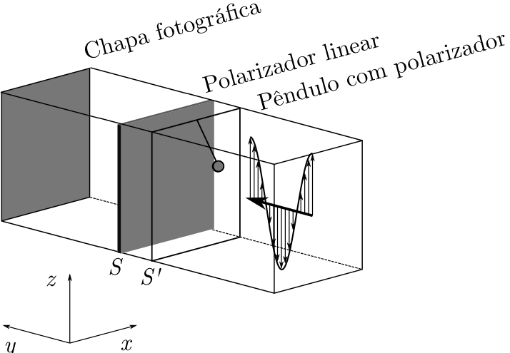 F5 Esquema em perspectiva com uma onda linearmente polarizada, representada por uma curva senoidal com setas verticais, incidindo pela direita sobre um pêndulo com uma pequena placa circular polarizadora na ponta, no plano S′. Atrás do pêndulo estão o polarizador linear no plano S e a chapa fotográfica. Os elementos estão identificados pelos textos “Pêndulo com polarizador”, “Polarizador linear” e “Chapa fotográfica”, e os planos pelos rótulos S e S′. Um sistema de eixos mostra z para cima, x para a direita e y para a esquerda, em perspectiva.