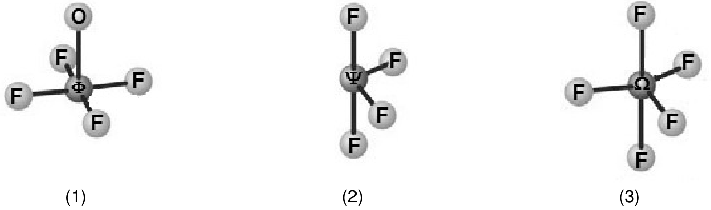 Três modelos moleculares de bola e palito, numerados (1), (2) e (3). Em (1), o átomo central Φ está ligado a um O acima e a quatro F, dispostos à esquerda, à direita, acima à esquerda e abaixo à direita. Em (2), o átomo central Ψ está ligado a quatro F: dois alinhados verticalmente, acima e abaixo, e dois à direita, um acima e outro abaixo. Em (3), o átomo central Ω está ligado a cinco F: dois alinhados verticalmente, acima e abaixo, e três dispostos à esquerda, acima à direita e abaixo à direita.