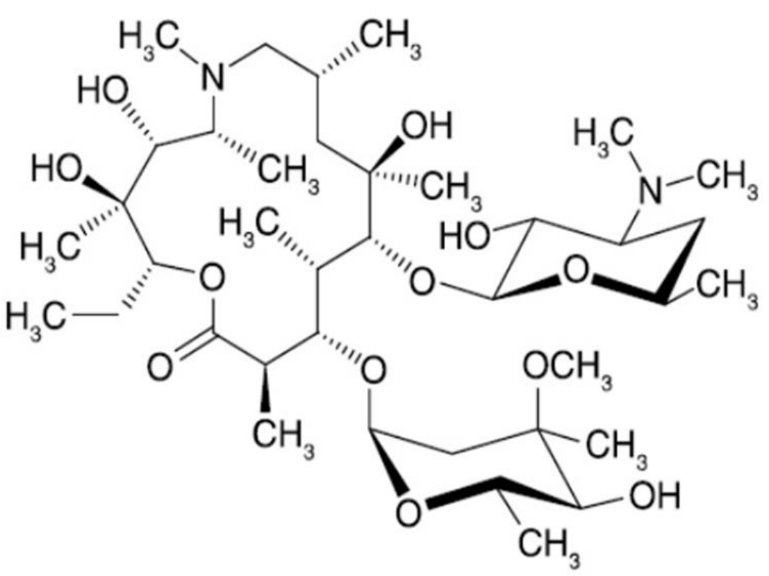 Estrutura molecular da azitromicina em representação de bastões, com ligações em cunha cheia e tracejada indicando a estereoquímica. Apresenta um anel macrocíclico com um grupo éster e um nitrogênio ligado a um grupo metila, ligado por átomos de oxigênio a dois anéis de seis membros, cada um contendo um oxigênio. O anel à direita apresenta uma hidroxila, um grupo metila e um grupo dimetilamino; o anel inferior apresenta uma hidroxila, um grupo metoxi e dois grupos metila. No anel macrocíclico estão indicados três grupos hidroxila e diversos grupos metila.