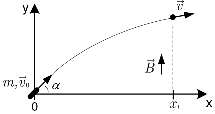 Diagrama da trajetória de uma partícula no plano xy. O eixo x é horizontal para a direita e o eixo y é vertical para cima, com origem indicada por 0. A partícula de massa $m$ é lançada da origem com velocidade $\vec{v}_0$, formando um ângulo $\alpha$ com o eixo x. A trajetória curva sobe para a direita até um ponto anterior à altura máxima, onde a velocidade $\vec{v}$ é indicada por uma seta tangente à trajetória. Uma linha tracejada vertical projeta esse ponto sobre a posição $x_1$ no eixo x. Uma seta vertical para cima indica o campo magnético $\vec{B}$.