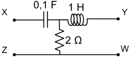 Circuito com um capacitor de $0{,}1\ \text{F}$ entre X e um nó intermediário, seguido de um indutor de $1\ \text{H}$ até Y. Um resistor de $2\ \Omega$ liga o nó intermediário ao fio inferior, que conecta diretamente Z a W.