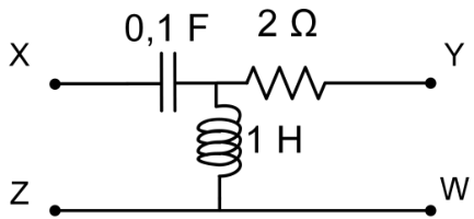 Circuito com um capacitor de $0{,}1\ \text{F}$ entre X e um nó intermediário, seguido de um resistor de $2\ \Omega$ até Y. Um indutor de $1\ \text{H}$ liga o nó intermediário ao fio inferior, que conecta diretamente Z a W.