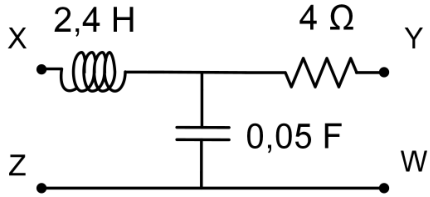 Circuito com um indutor de $2{,}4\ \text{H}$ entre X e um nó intermediário, seguido de um resistor de $4\ \Omega$ até Y. Um capacitor de $0{,}05\ \text{F}$ liga o nó intermediário ao fio inferior, que conecta diretamente Z a W.