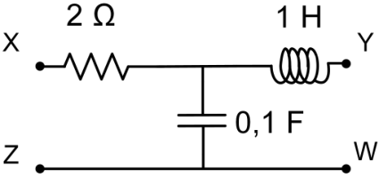Circuito com um resistor de $2\ \Omega$ entre X e um nó intermediário, seguido de um indutor de $1\ \text{H}$ até Y. Um capacitor de $0{,}1\ \text{F}$ liga o nó intermediário ao fio inferior, que conecta diretamente Z a W.
