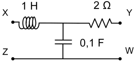 Circuito com um indutor de $1\ \text{H}$ entre X e um nó intermediário, seguido de um resistor de $2\ \Omega$ até Y. Um capacitor de $0{,}1\ \text{F}$ liga o nó intermediário ao fio inferior, que conecta diretamente Z a W.