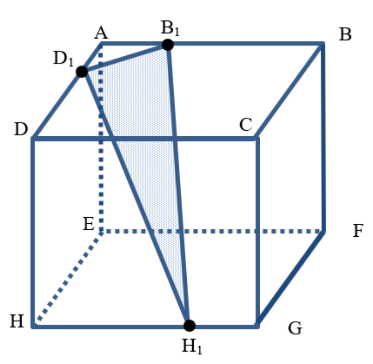 Cubo ABCDEFGH com o triângulo sombreado B₁D₁H₁, cujos vértices estão sobre as arestas AB, AD e GH, respectivamente