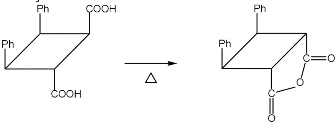Esquema de reação de um anel de quatro carbonos desenhado como um paralelogramo, com grupos Ph voltados para cima nos dois vértices à esquerda, COOH voltado para cima no vértice superior direito e COOH voltado para baixo no vértice inferior direito. Uma seta para a direita, com um triângulo abaixo indicando aquecimento, conduz a uma estrutura que mantém o anel e os grupos Ph e apresenta os dois grupos carbonila à direita unidos por um átomo de O, formando um anel de anidrido.