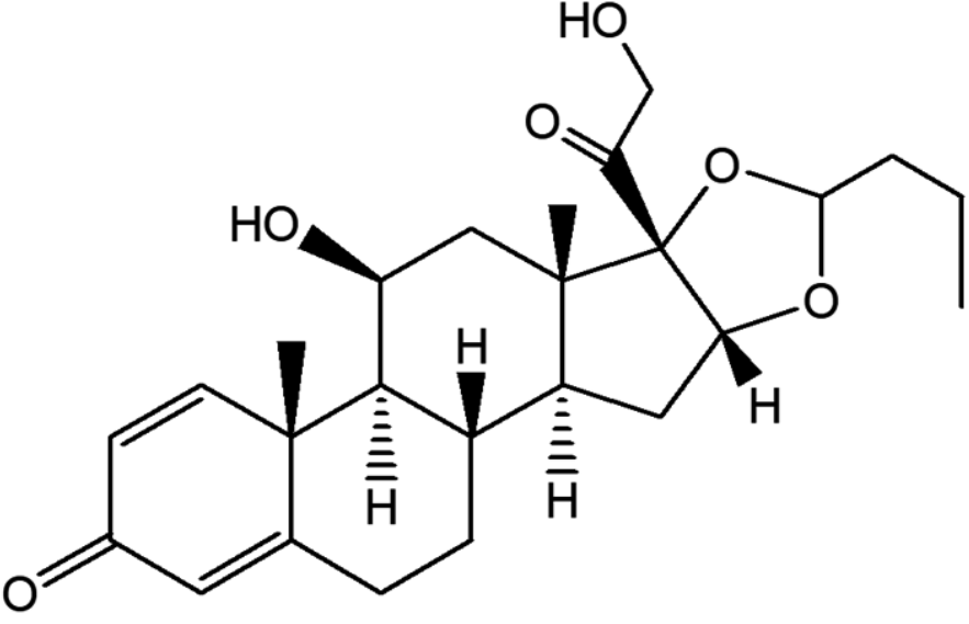 F1 Estrutura molecular da budesonida em representação de linhas e vértices, com três anéis de seis membros e um de cinco membros fundidos. O anel à esquerda apresenta duas ligações duplas e uma carbonila. Há um grupo HO ligado ao anel superior e uma cadeia com carbonila e grupo HO na parte superior direita. Dois átomos de O integram um anel adicional de cinco membros, ligado a uma cadeia de três carbonos à direita. Ligações em cunhas cheias e tracejadas indicam a estereoquímica, com quatro átomos de H explicitamente identificados.