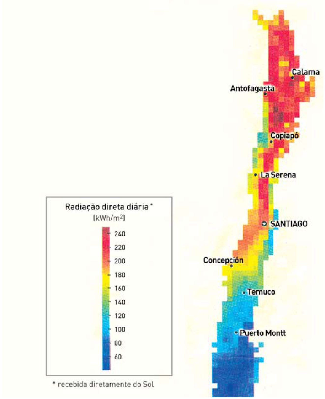 F1 Mapa solar do Chile indicando a radiação direta diária recebida do Sol em kWh/m², com valores de 60 a 240, destacando cidades de norte a sul como Calama, Antofagasta, Copiapó, La Serena, Santiago, Concepción, Temuco e Puerto Montt