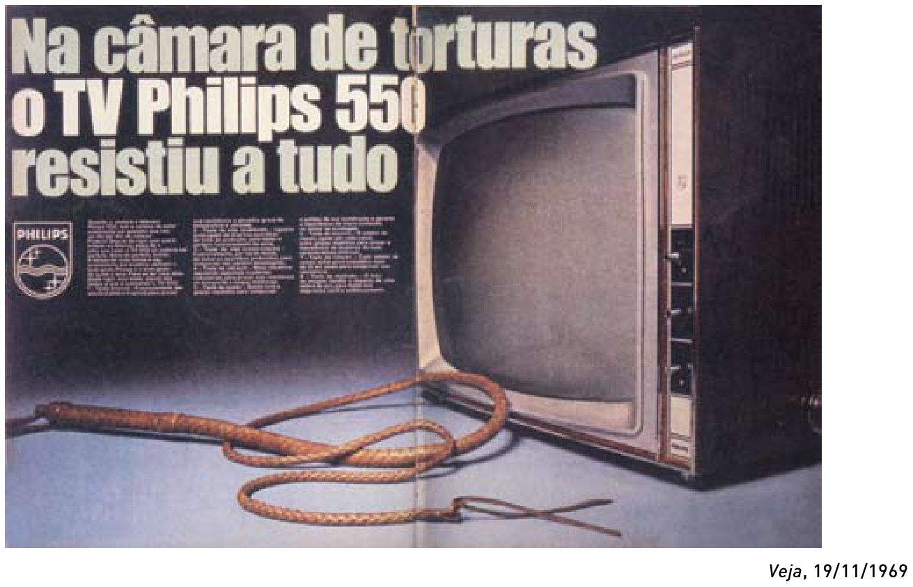 Anúncio publicitário da televisão Philips 550 exibindo o aparelho de TV ao lado de um chicote de couro, sob a manchete: "Na câmara de torturas o TV Philips 550 resistiu a tudo".