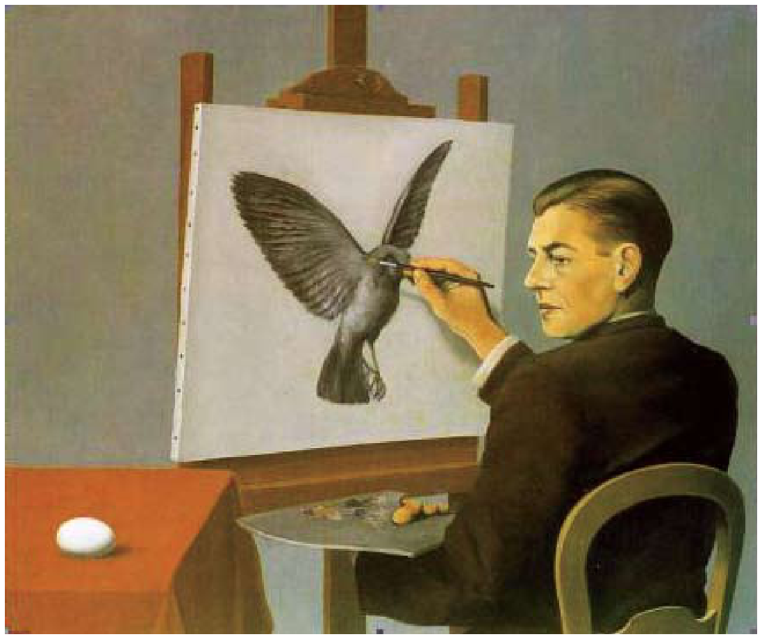 F1 Pintura surrealista que retrata um homem sentado diante de um cavalete, pintando um pássaro com as asas abertas em pleno voo. O pintor olha para a sua esquerda, em direção a uma mesa coberta por uma toalha vermelha sobre a qual repousa um ovo branco.