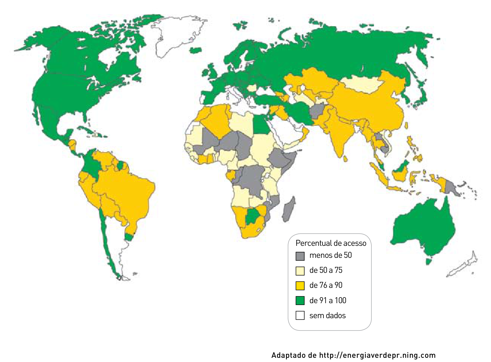 F1 Mapa-múndi temático com a distribuição do percentual de acesso das populações à rede de água potável em 2002. Legenda dividida nas categorias: menos de 50 (cinza), de 50 a 75 (bege claro), de 76 a 90 (amarelo), de 91 a 100 (verde) e sem dados (branco).