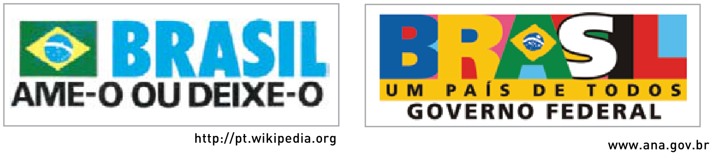 F1 Logotipos e slogans governamentais: à esquerda, com a bandeira nacional ao lado da palavra "BRASIL" em azul e a frase "AME-O OU DEIXE-O" em preto; à direita, a palavra "BRASIL" com letras coloridas e a bandeira nacional dentro da letra "A", acompanhada da frase "UM PAÍS DE TODOS" sobre fundo amarelo e "GOVERNO FEDERAL" em preto. Abaixo de cada um constam os endereços das fontes: http://pt.wikipedia.org e www.ana.gov.br.