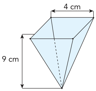 Pirâmide invertida preenchida com líquido, indicando aresta da base igual a 4 cm e altura total de 9 cm