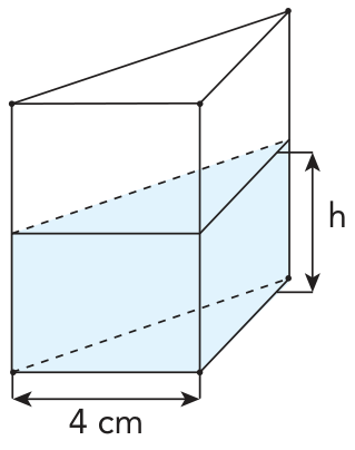 Prisma reto de base triangular preenchido com líquido até uma altura h, com a aresta da base medindo 4 cm