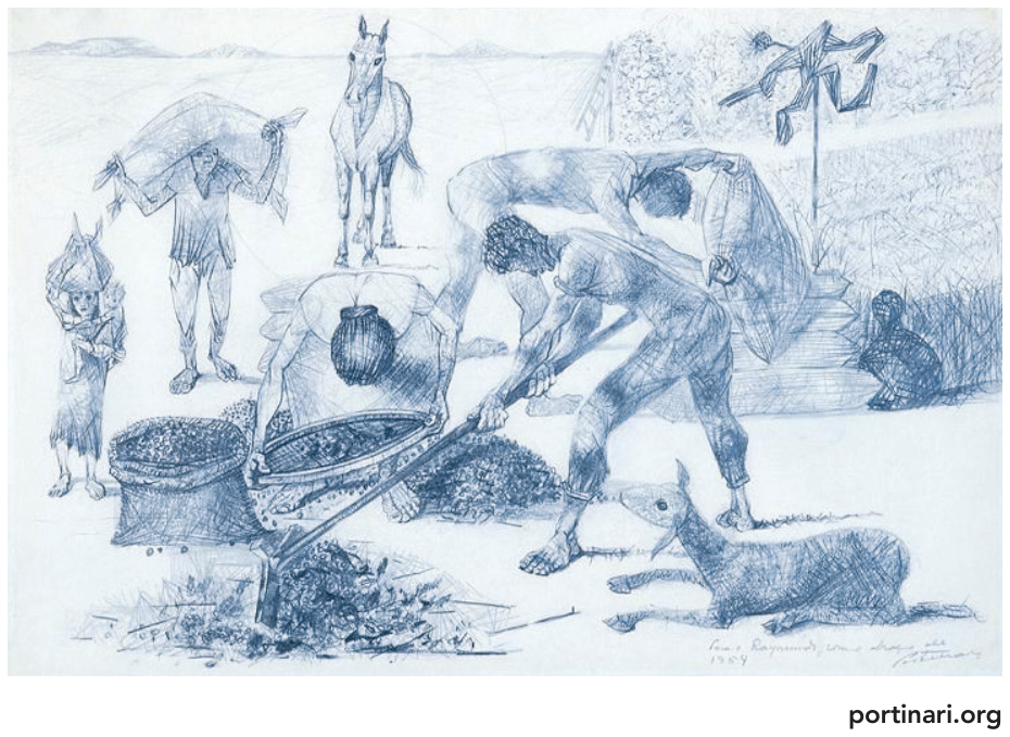 F1 Reprodução da tela "Cena rural", de Cândido Portinari, com trabalhadores no campo colhendo e utilizando enxada e peneira.