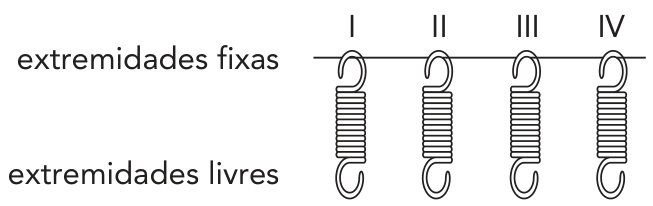 F1 Quatro molas verticais idênticas, identificadas por algarismos romanos de I a IV, presas a uma haste horizontal superior sob o rótulo extremidades fixas, tendo suas extremidades inferiores soltas indicadas sob o rótulo extremidades livres.
