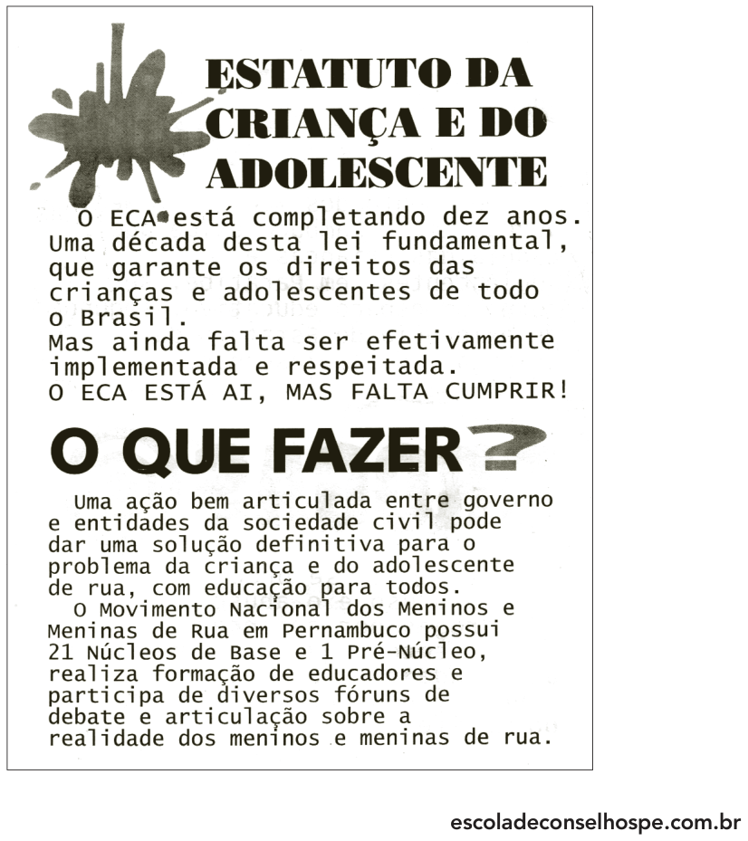 Página da publicação com o título "ESTATUTO DA CRIANÇA E DO ADOLESCENTE" sobre uma mancha gráfica, trazendo texto que celebra os 10 anos do ECA mas aponta que a lei precisa ser efetivamente implementada e respeitada: "O ECA ESTÁ AÍ, MAS FALTA CUMPRIR!". Abaixo, a seção "O QUE FAZER?" propõe ações articuladas e descreve o trabalho do Movimento em Pernambuco.
