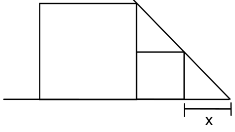 Duas caixas de perfil apoiadas no chão sob uma reta inclinada representando a escada, que tangencia o vértice superior direito de ambas as caixas. A distância horizontal da base da caixa menor ao ponto em que a escada toca o chão é indicada por x.