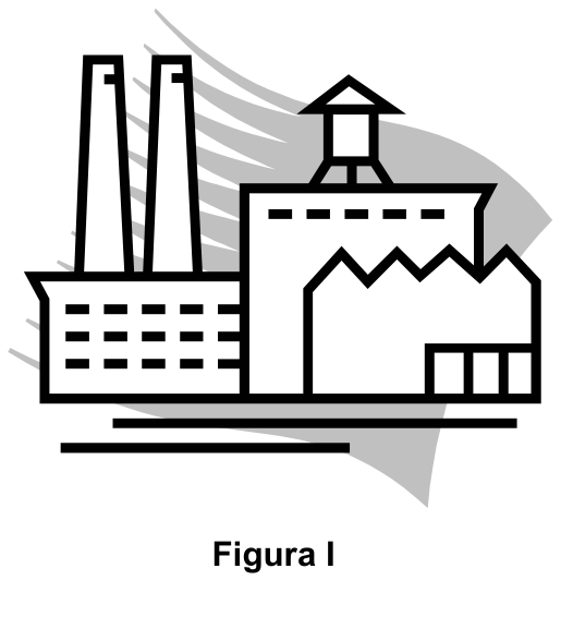 Figura I: Ilustração esquemática de uma fábrica com chaminés e galpões.