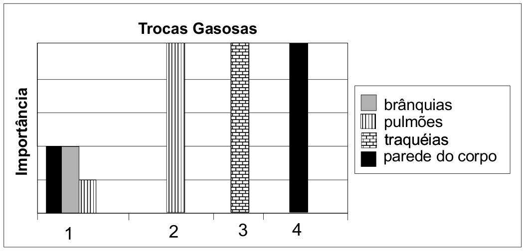 Gráfico de barras intitulado "Trocas Gasosas", relacionando a importância (eixo vertical) em quatro padrões numerados de 1 a 4 (eixo horizontal). A legenda indica: brânquias (cinza), pulmões (listras verticais), traqueias (tijolos) e parede do corpo (preto). No padrão 1, há contribuição da parede do corpo, brânquias e pulmões. No padrão 2, a importância total é atribuída exclusivamente a pulmões. No padrão 3, exclusivamente a traqueias. No padrão 4, exclusivamente à parede do corpo.