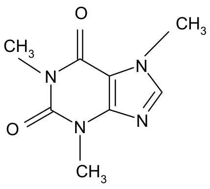 Fórmula estrutural da cafeína, apresentando dois anéis heterocíclicos fundidos (um de seis membros e outro de cinco membros) contendo quatro átomos de nitrogênio, dois grupos carbonila e três grupos metil (CH3).