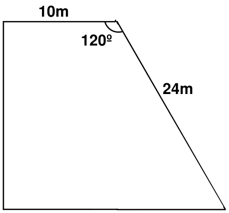 F1 Trapézio retângulo com base menor superior medindo 10 m, lado inclinado à direita medindo 24 m e ângulo interno obtuso entre eles de 120º.