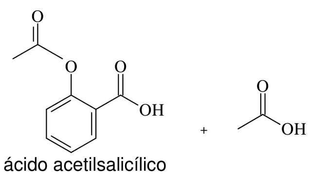 Estruturas dos produtos finais da reação com anidrido acético: ácido acetilsalicílico e ácido acético.