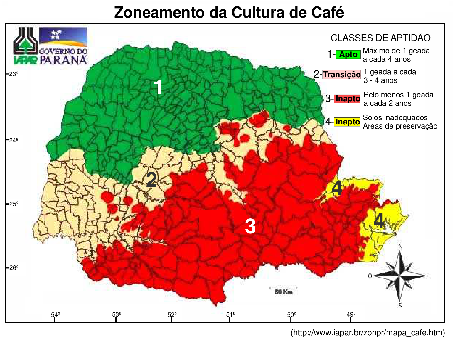 Mapa do Paraná intitulado "Zoneamento da Cultura de Café", com divisão municipal e hachuras em quatro classes de aptidão: 1 - Apto (máximo de 1 geada a cada 4 anos, em verde, no norte e noroeste); 2 - Transição (1 geada a cada 3 - 4 anos, em bege, na faixa central e oeste); 3 - Inapto (pelo menos 1 geada a cada 2 anos, em vermelho, no centro-sul); e 4 - Inapto (solos inadequados, áreas de preservação, em amarelo, no leste).