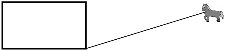 F1 Ilustração esquemática de um galpão retangular visto de cima e uma corda presa ao seu vértice inferior direito estendendo-se até um cavalo.