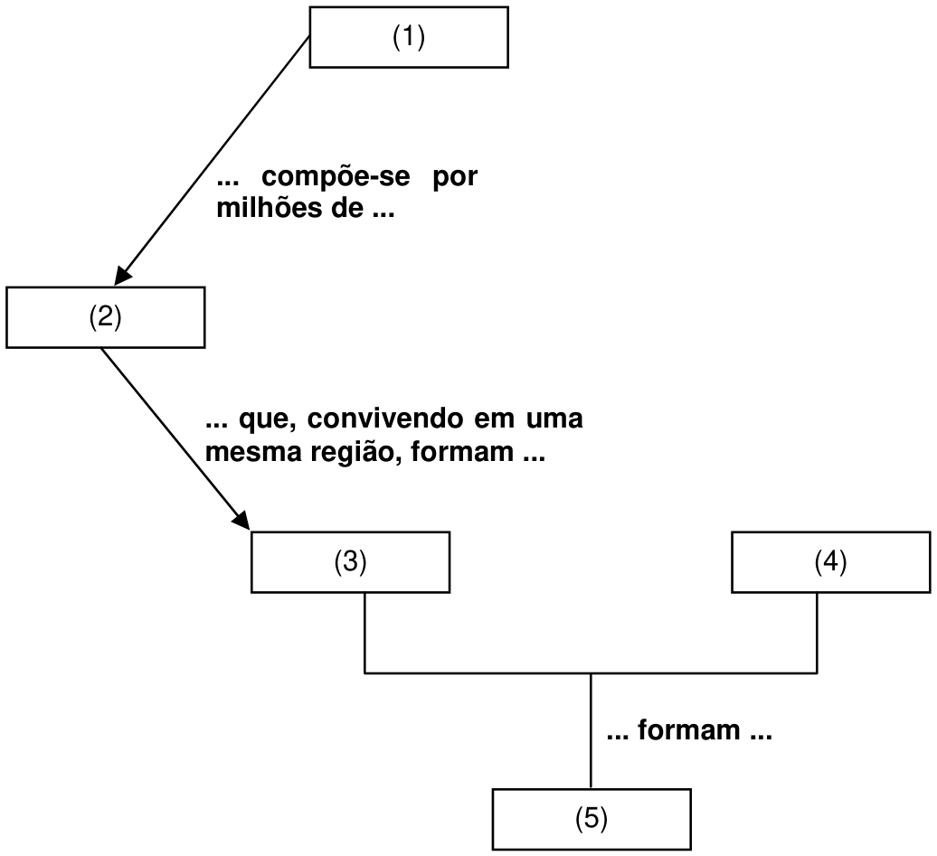 Diagrama conceitual com caixas numeradas de 1 a 5 interligadas: a caixa (1) aponta para a (2) com o texto "... compõe-se por milhões de ..."; a caixa (2) aponta para a (3) com o texto "... que, convivendo em uma mesma região, formam ..."; as caixas (3) e (4) convergem para a caixa (5) com o texto "... formam ...".