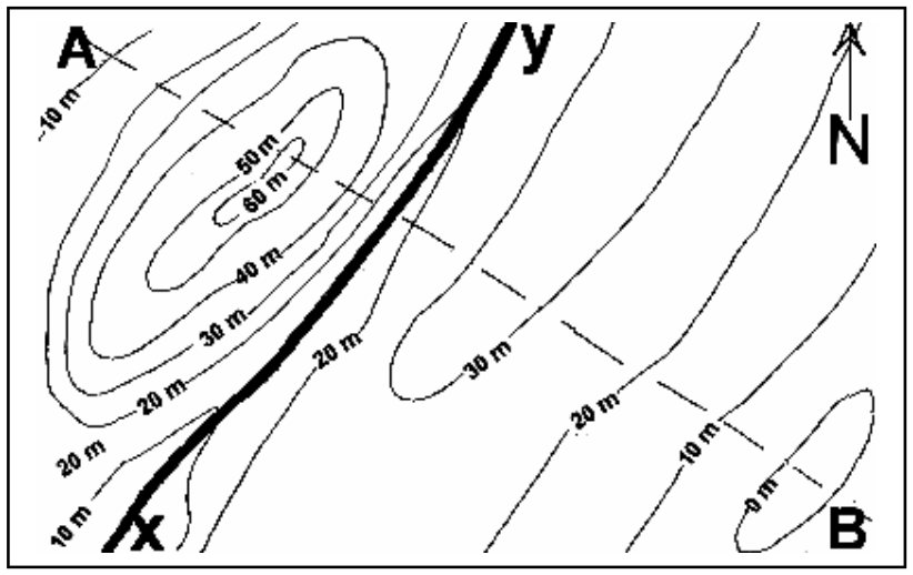F1 Representação de relevo com curvas de nível equidistantes em 10 m cortadas por um rio de traço mais espesso entre os pontos x e y, rosa dos ventos apontando para o Norte ao norte-nordeste e linha tracejada entre os pontos A e B.