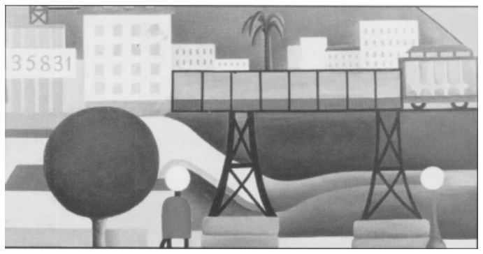 Reprodução da pintura São Paulo (1924), de Tarsila do Amaral, retratando elementos urbanos estilizados com formas geométricas, incluindo prédios, um viaduto com trilhos, uma composição férrea, árvores, um poste e uma figura humana estilizada ao centro inferior.