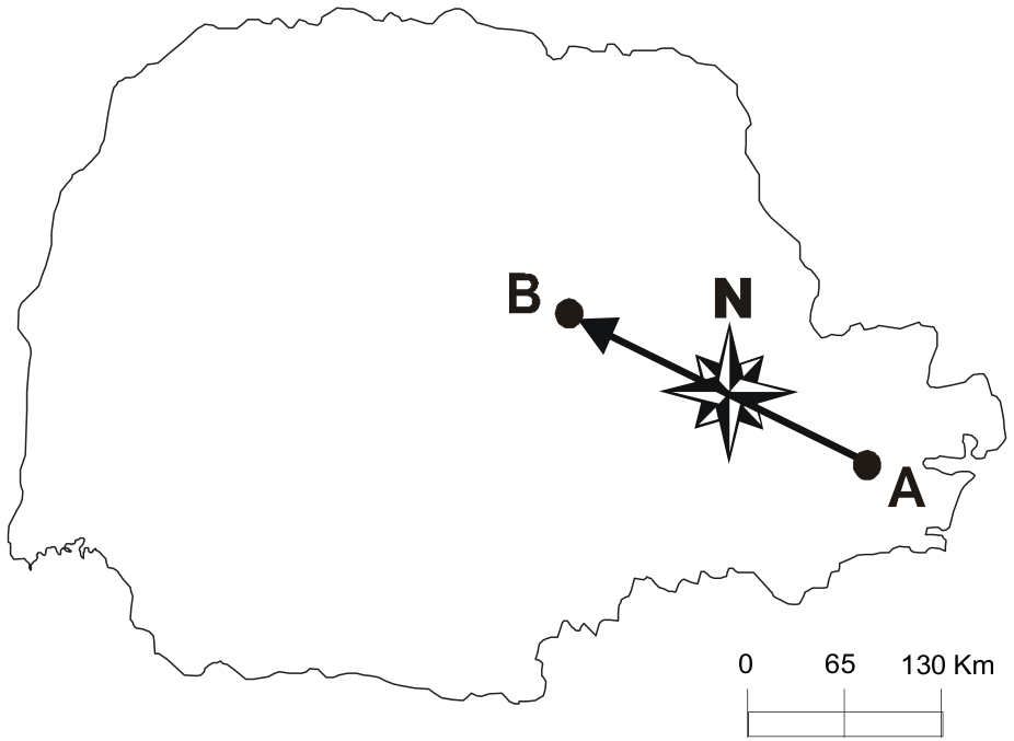 Cartograma do estado do Paraná apresentando um segmento orientado do ponto A ao ponto B que cruza uma rosa dos ventos orientada ao Norte (N), acompanhado de uma escala gráfica no canto inferior direito com marcações de 0, 65 e 130 Km.