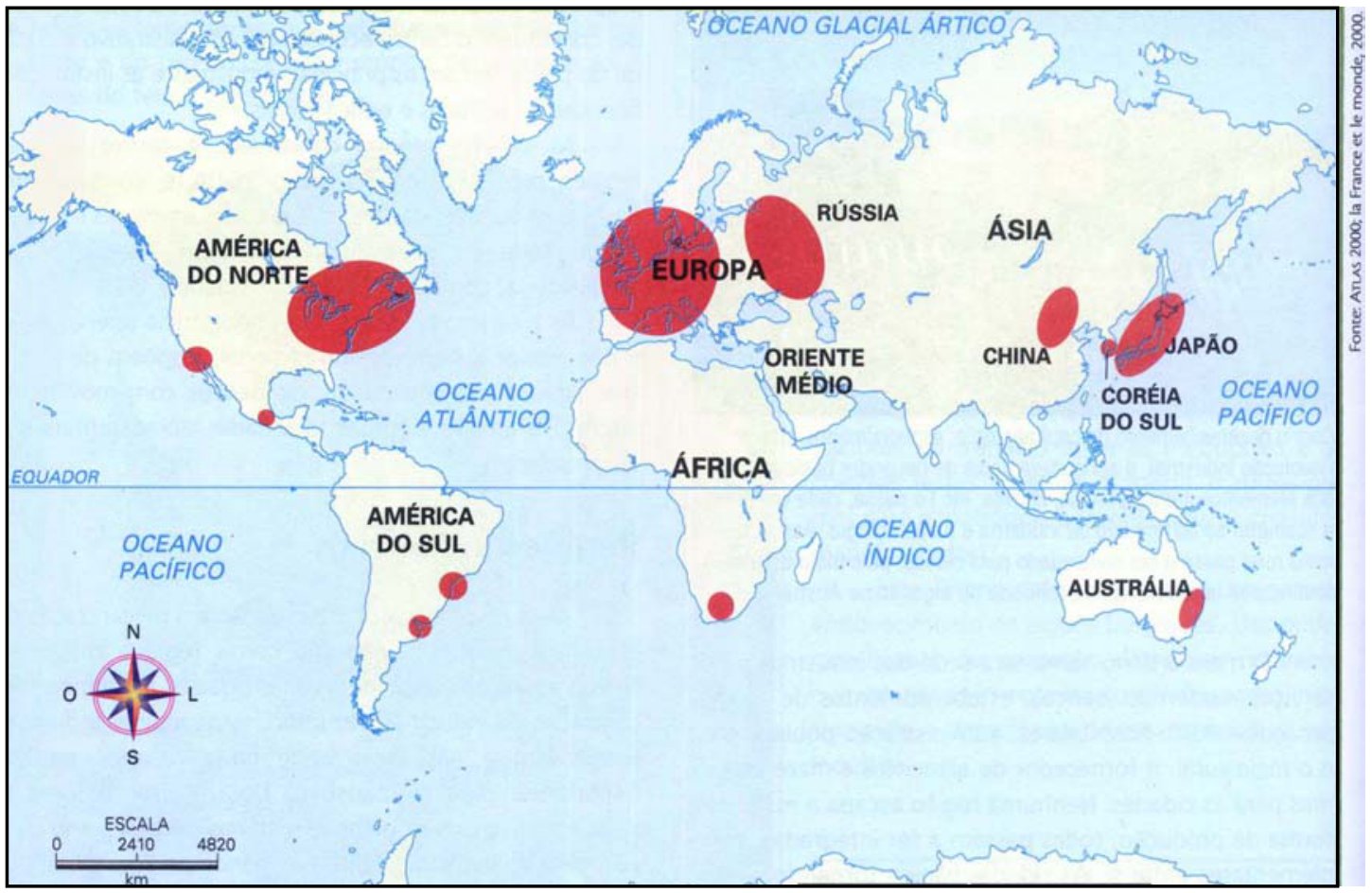 Mapa-múndi com áreas destacadas em vermelho de diferentes tamanhos, indicando grandes regiões industriais no mundo: América do Norte (nordeste dos EUA e costa oeste), América do Sul (sudeste do Brasil e bacia do Prata), Europa Ocidental, Rússia, África do Sul, Leste da China, Coreia do Sul, Japão e sudeste da Austrália.