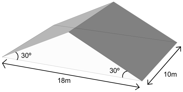 Estrutura de telhado em formato de prisma triangular reto com duas águas inclinadas a 30° em relação à base horizontal de 18 m de largura e profundidade de 10 m.